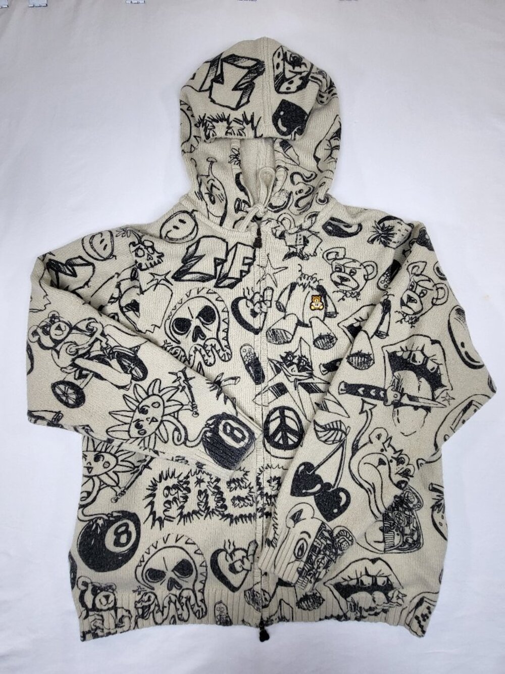 Teddy Fresh All Over Flash Print Knit Full Zip Hoodie Sweater Beige 2XL
